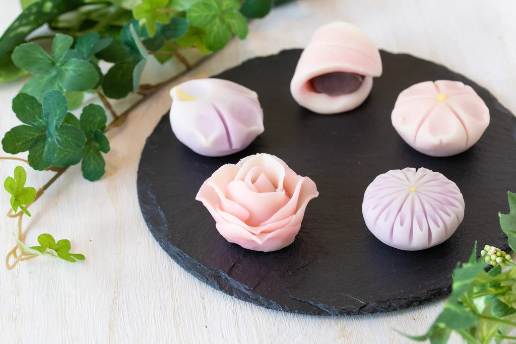 Finished nerikiri sweets arranged like edible flowers